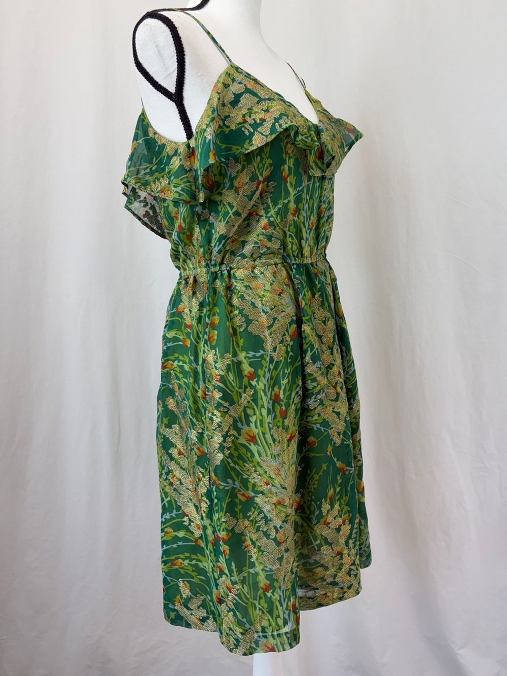 Anthropologie 12th Street 100% Silk Green Gold Ruffle Wedding Guest Dress Medium - Picture 4 of 15